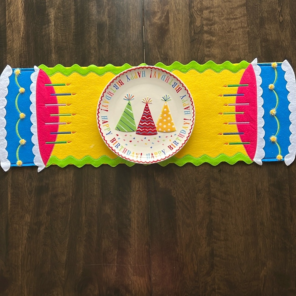 36” birthday cake table runner and birthday hat platter combo.